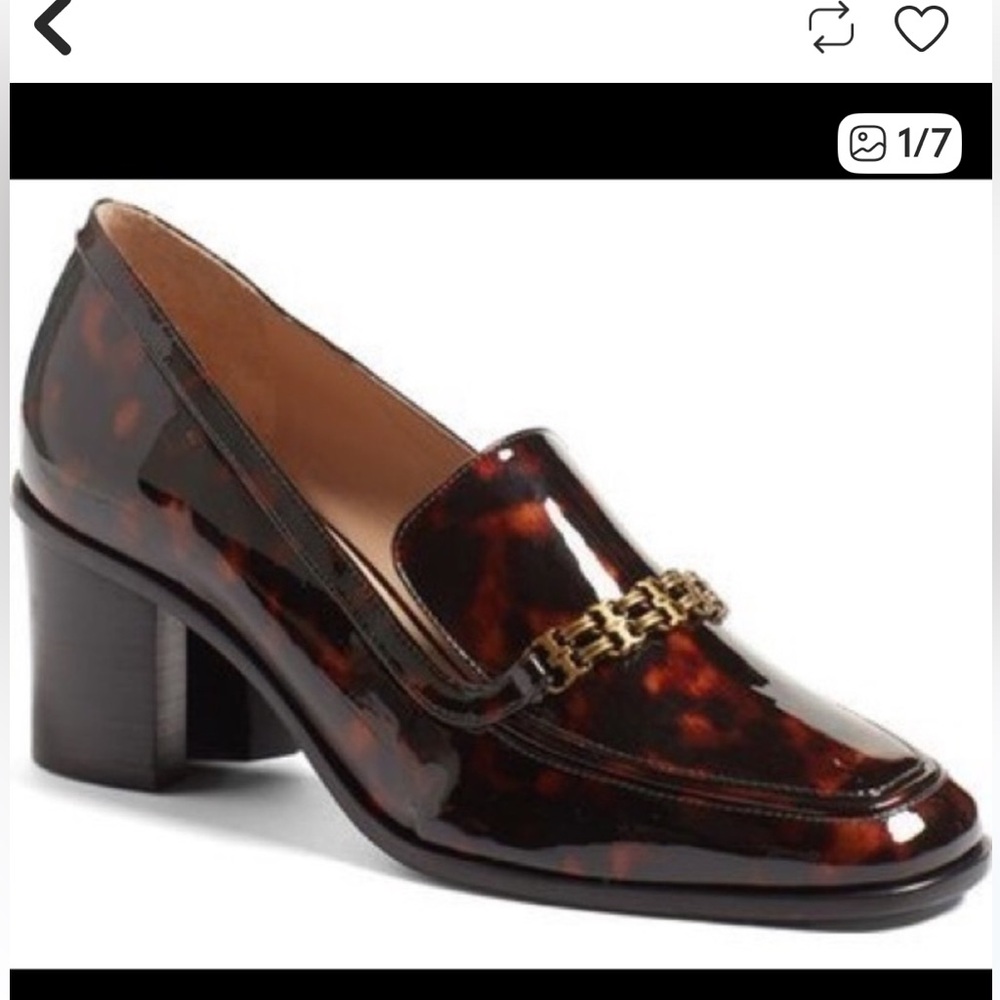 Tory Burch Tortoise Patent Loafers with Chain Detail.  $325.00 retail.